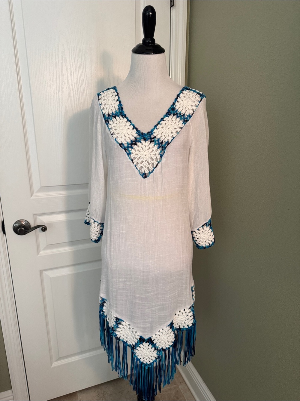 White Crochet Trim Fringe Tunic Dress - Blue Accent